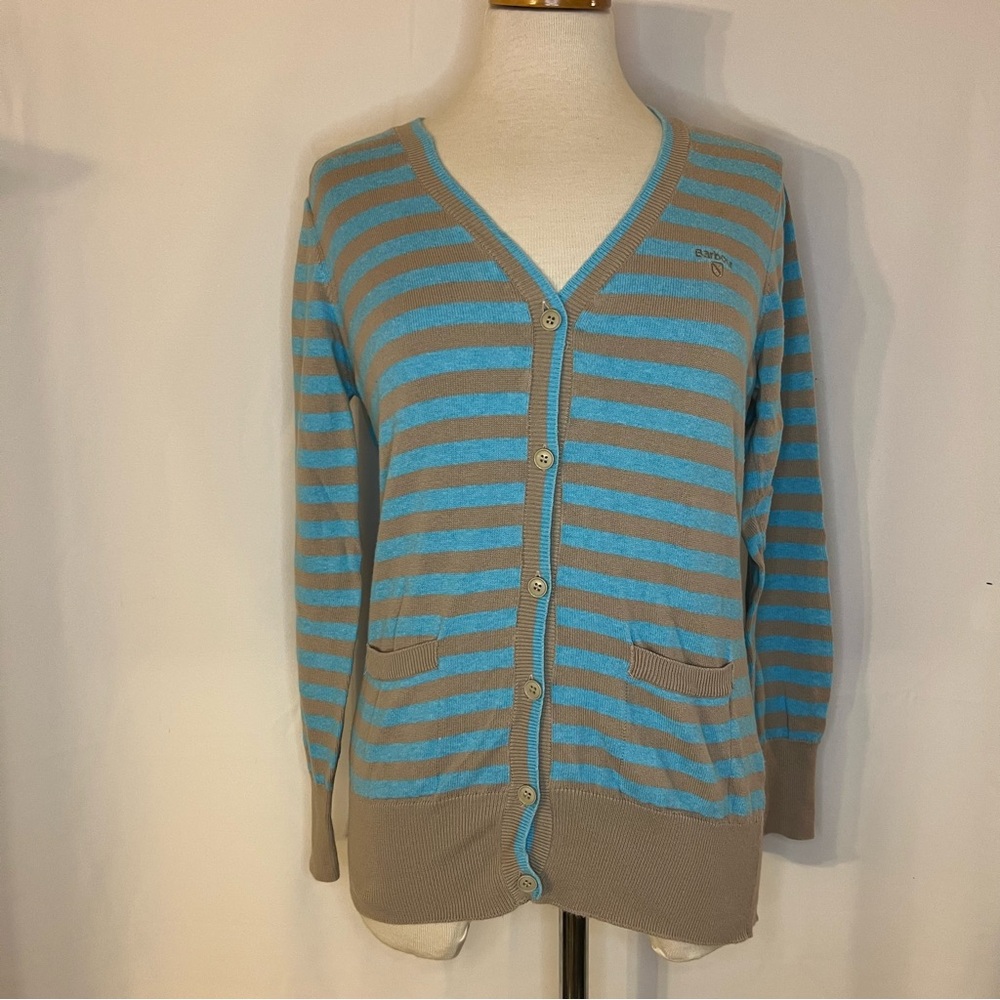 Barbour Womens Cardigan 14 Aqua/stone Stripe Pima Cotton Sweater . EUC